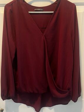 West Kei Burgundy Surplice Long-Sleeve Blouse